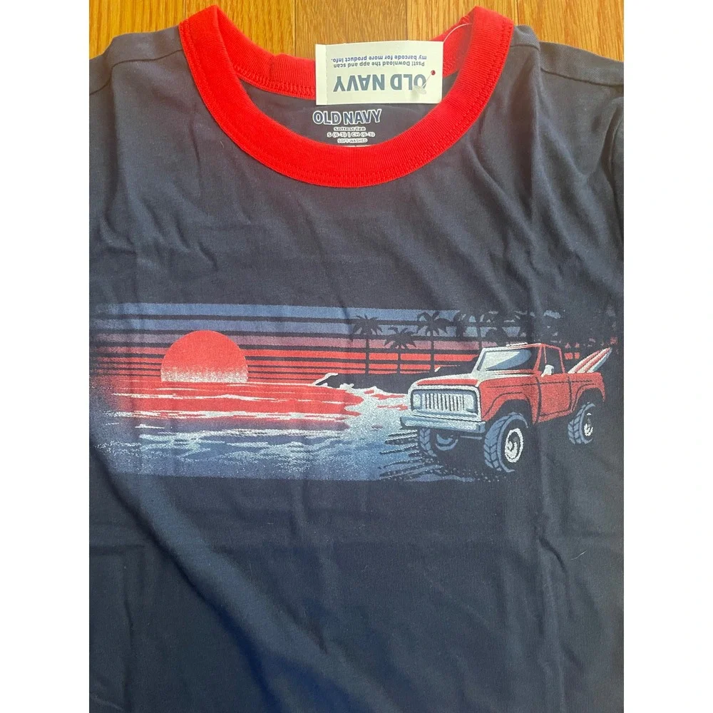 Old Navy Kids Navy Blue Red Ringer Graphic T-Shirt Truck Beach Sunset S 6-7 NWT
